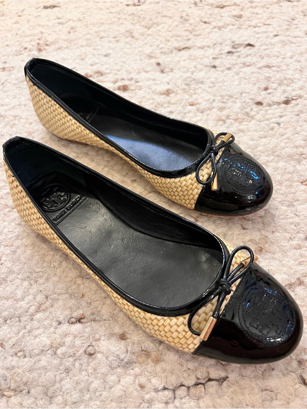 Tory Burch Black Patent & Natural Woven Cap-Toe Ballet Flats with Logo Bow